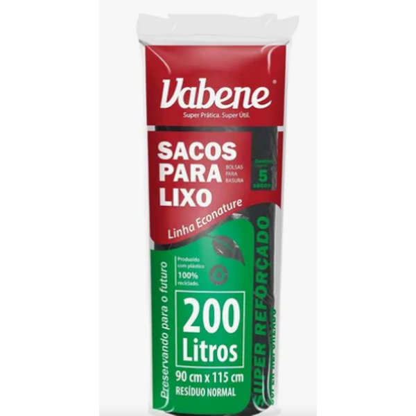 Saco para Lixo Preto Reforçado 200L – Rolo com 5 Unidades – Vabene Reciclável