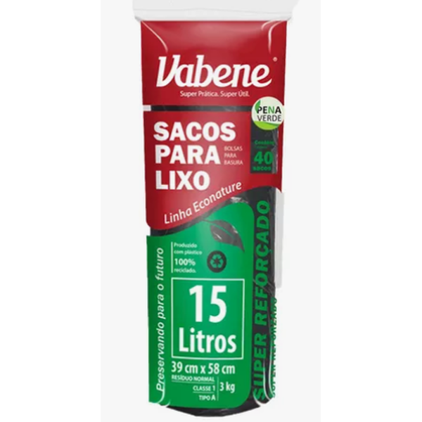 Saco para Lixo Preto Super Reforçado 15L – Rolo com 40 Unidades – Vabene