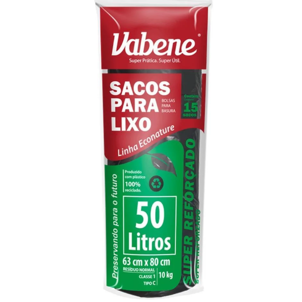 Saco para Lixo Pr﻿eto 50 Litros – Extra Forte – 63x80 cm – Vabene – Pacote com 15 Unidades