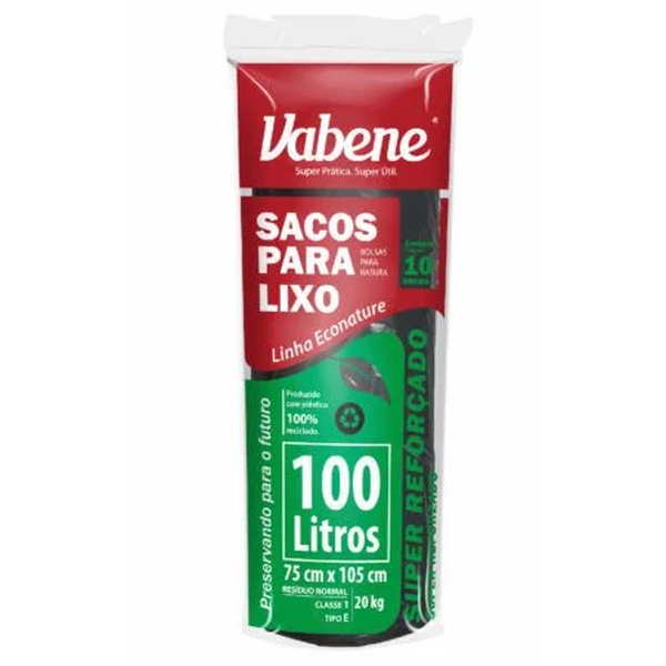 Saco para Lixo Preto Reforçado 100 Litros – Vabene – Rolo com 10 Unidades – Reciclável