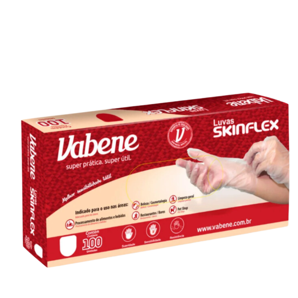 Luvas Skinflex C/100 un. Vabene | Cor: Translucida, Tamanho: P, Conjunto: 100 unidades, Tipo de Material: Skinflex