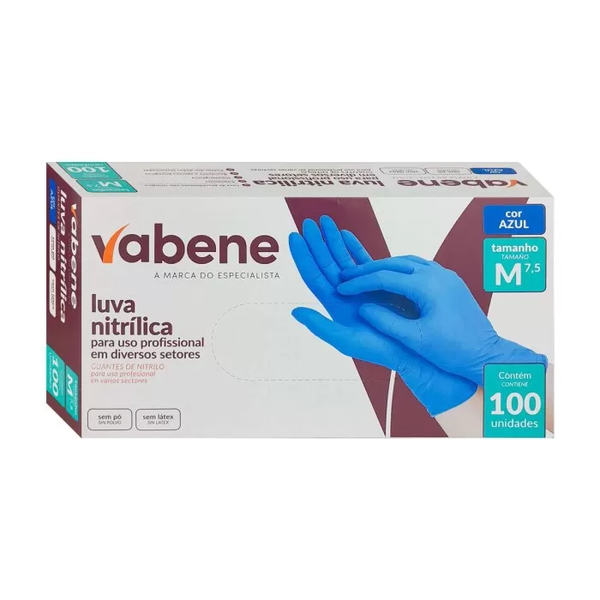 Luva Nitrílica Sem Pó Vabene – Caixa C/ 100 Unidades - M | Cor: Azul, Tamanho: M, Conjunto: 100 unidades, Tipo de Material: Nitrílica