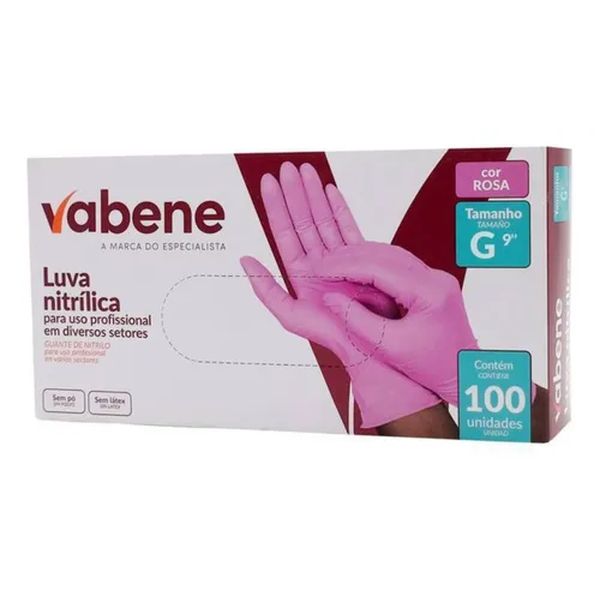 Luva Nitrílica Sem Pó Vabene – Caixa C/ 100 Unidades - G | Cor: Rosa, Tamanho: G, Conjunto: 100 unidades, Tipo de Material: Nitrílica